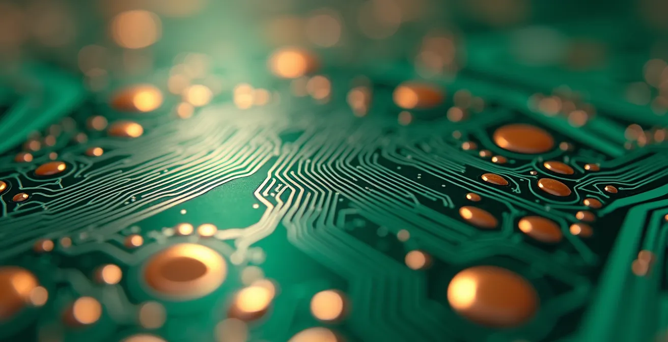 Dettaglio macro di un circuito stampato con tracce di rame e solder mask verde