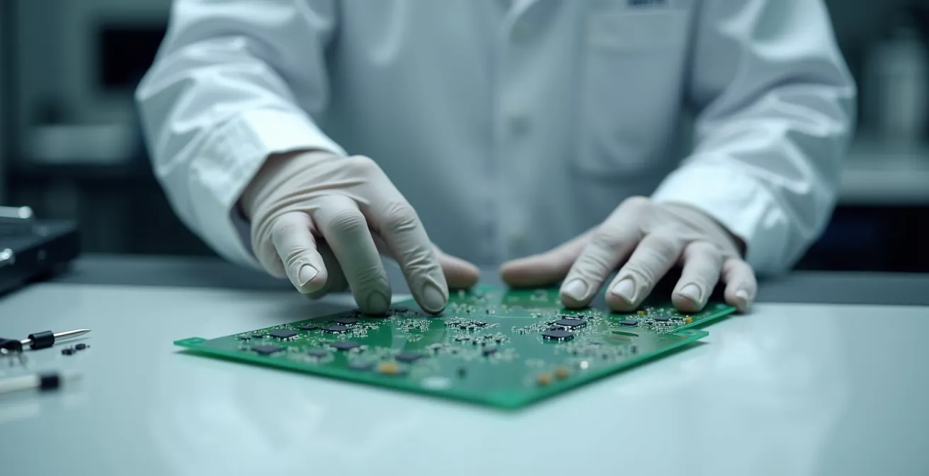 Mani di tecnico con guanti che posiziona un circuito stampato su piano di lavoro professionale