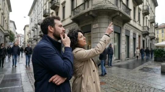 Coppia italiana valuta edificio residenziale zona Navigli Milano