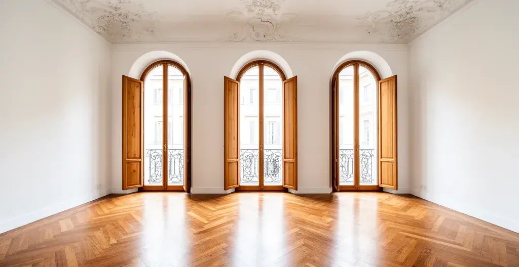 Interno appartamento milanese luminoso con parquet e finestre alte