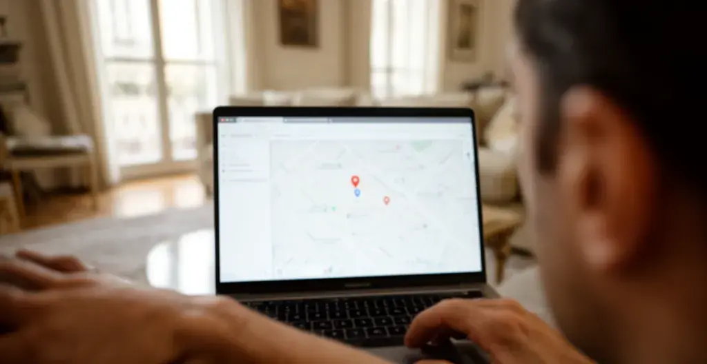 Persona consulta confronto agenzie immobiliari su laptop in salotto milanese